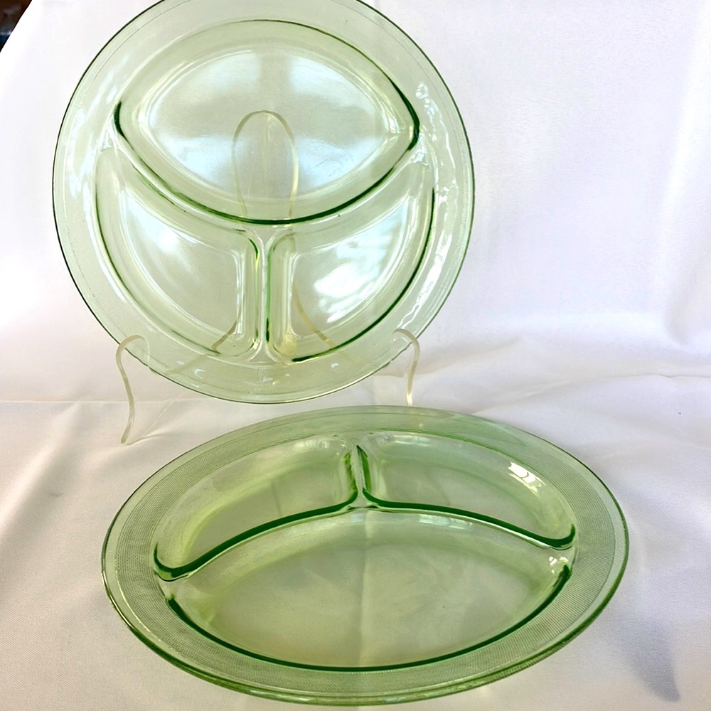 Vintage Depression Green Uranium Divided Plates, Set of 2